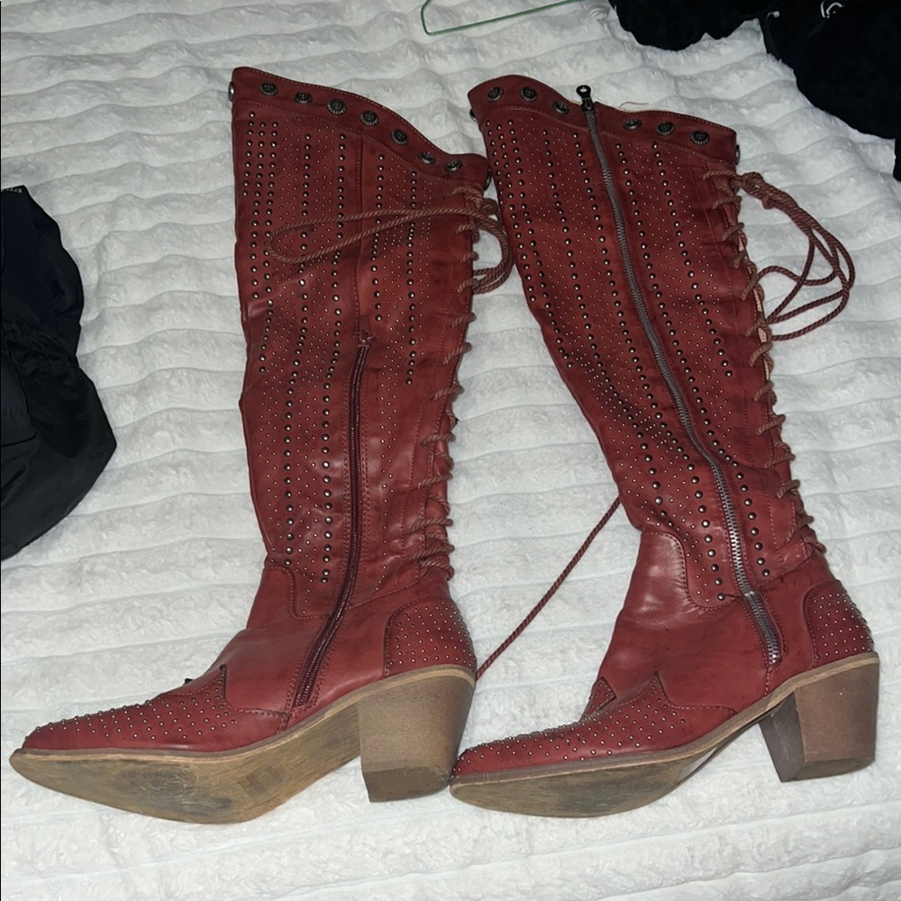Red Knee-High Leather Boots
